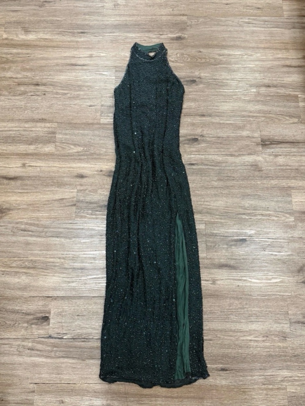 100% Silk Roberta Bridal Dark Green Beaded Halter Maxi Gown